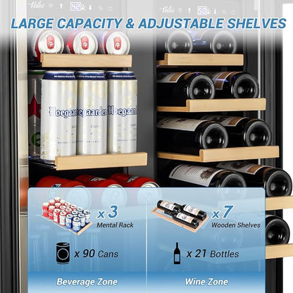 Velivi Wine and Beverage Refrigerator Under Counter, 24 Inch Beverage Fridge Dual Zone with Glass Door, Built In Beverage Cooler with Increase Capacity Space, Advanced Cooling System