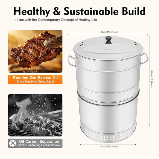 Portable Charcoal Grills, Stainless Steel 50 Skewer BBQ Drumstick Holder, 16" x 26" Cylinder, Freestanding Outdoor Barbecue Smoker, Oil Separation Design, for Camping, Parties, Patio