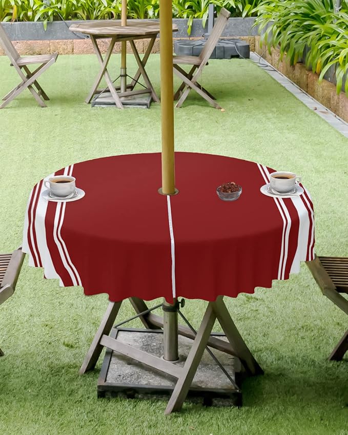 QueenKer Outdoor Tablecloth with Umbrella Hole, Farmhouse Wine Red White Stripe Round Tables Waterproof Tabletop Collection for Patio, Garden, Picnic, Camping, Dining 60R