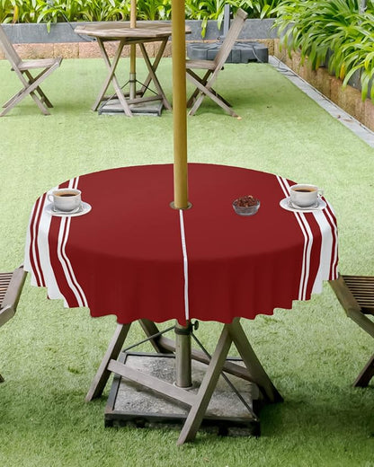QueenKer Outdoor Tablecloth with Umbrella Hole, Farmhouse Wine Red White Stripe Round Tables Waterproof Tabletop Collection for Patio, Garden, Picnic, Camping, Dining 60R