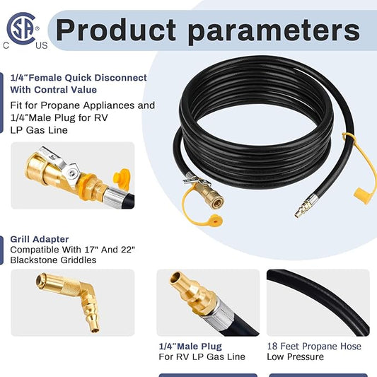 Upgraded 18FT RV Quick Connect Propane Hose for RV to Grill, Low Pressure Quick Connect Propane Hose with Elbow Adapter for 17" and 22" Blackstone Griddles/Grills