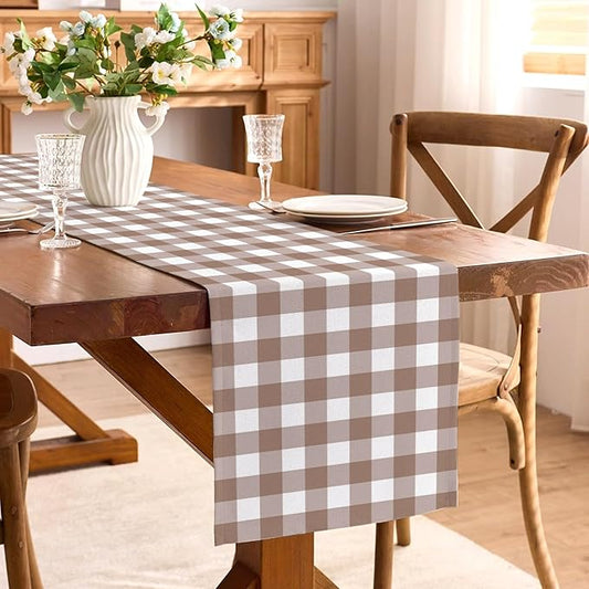 Khaki Gingham Table Runner Light Brown Khaki and White Checkered Birthday Wedding Baby Shower Party Decoration BBQ Picnic Home Kitchen Table Decor (13" x 72")