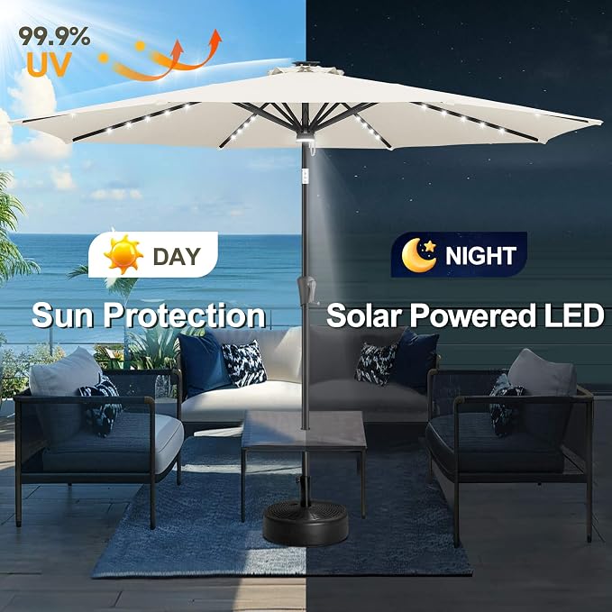 FLAME&SHADE Solar Patio Umbrella with a Centre Light, 11 FT Ivory | 40 LED Lights, UV Protection, Waterproof, Porch Deck Outdoor Umbrella for Pool, Backyard, Garden, Provides Evening Lighting