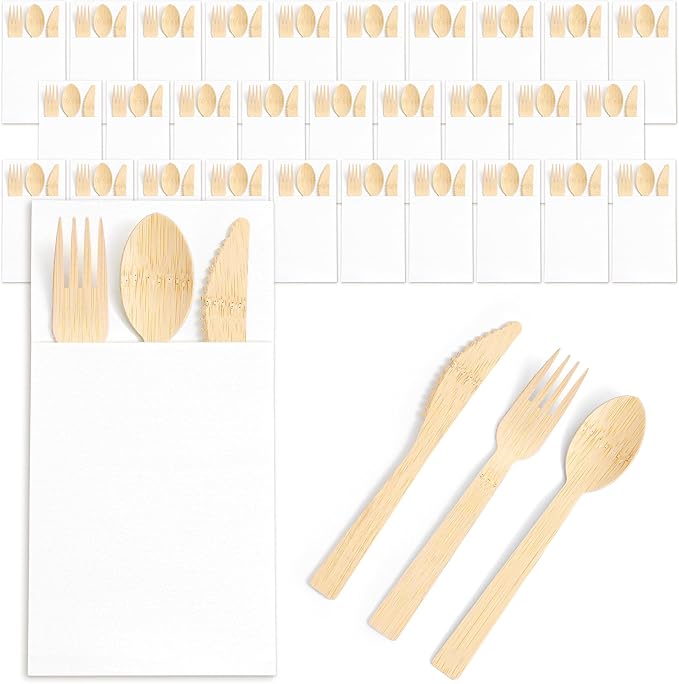 Napkin and Bamboo Cutlery Set, Compostable Utensils Disposable Cutlery for Party, Wedding, BBQ, Camping, Events-100 Pack (Forks, Knives, Spoons, Folded Napkins)