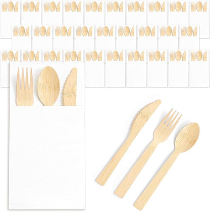 Napkin and Bamboo Cutlery Set, Compostable Utensils Disposable Cutlery for Party, Wedding, BBQ, Camping, Events-100 Pack (Forks, Knives, Spoons, Folded Napkins)