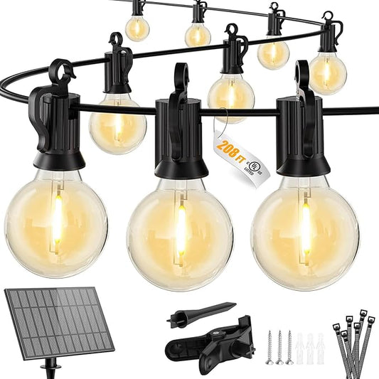 Brightown 208FT 102LED Solar String Lights Outdoor with USB Port, Shatterproof Bulbs, 3 Lighting Modes, Patio Lights Solar Powered for Camping Backyard Garden Decor - Last for 20+Hrs