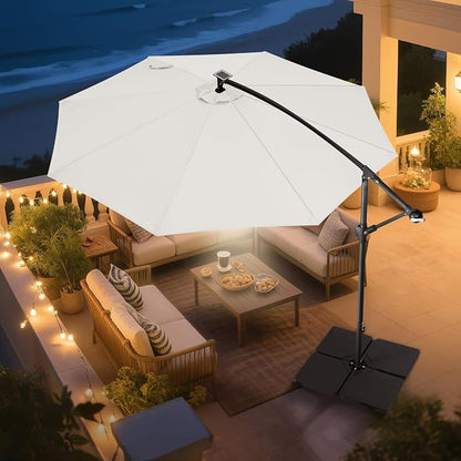 10 ft Solar Patio Umbrella Cantilever with Centre Light, Ivory | 40 LED Lights, UV Protection, Large Offset Patio Umbrella Outdoor for Garden, Deck, Backyard, Pool, Porch, Provides Shade