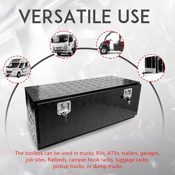 48 * 18 * 18 Aluminum Heavy Duty Diamond Plate ToolBox Chest Box Pick Up Truck Bed RV Trailer Toolbox Storage Organizer with T-Handle Latch Dual Lock Keys - Black