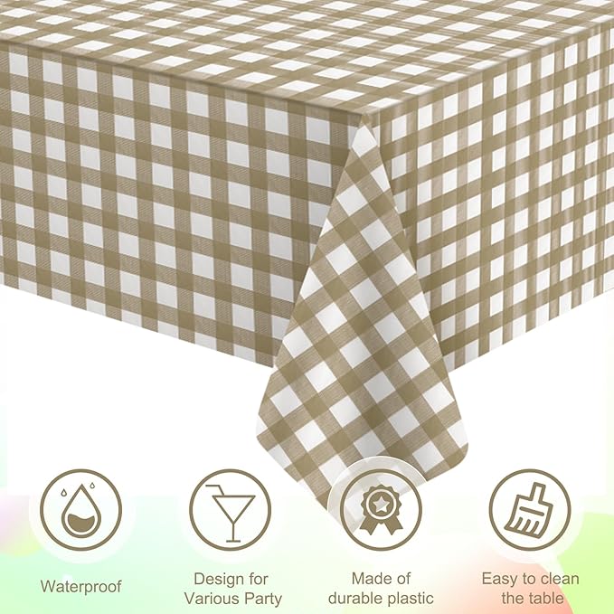 3Pcs Brown Gingham Tablecloths, Checkered Party Table Covers 54x108 In | Brown and White Checkered Tablecloths Disposable Plastic Waterproof for Fall Picnic Halloween Barbecue Birthday Outdoor Party