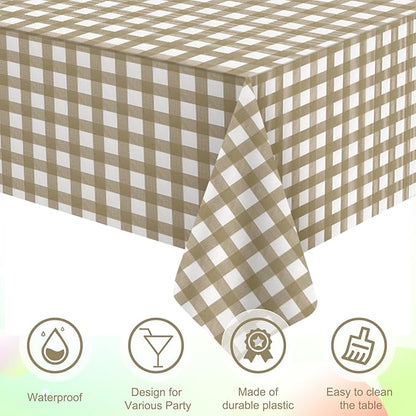 3Pcs Brown Gingham Tablecloths, Checkered Party Table Covers 54x108 In | Brown and White Checkered Tablecloths Disposable Plastic Waterproof for Fall Picnic Halloween Barbecue Birthday Outdoor Party