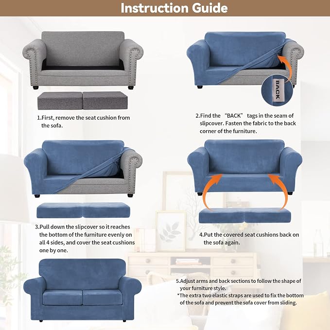 WEERRW Velvet Stretch 3 Pieces Couch Cover for Sofa Washable, Light Blue | Love Seat Couch Covers for 2 Cushion Couch Sofa Furniture Protector slipcoves with Elastic Bottom for Kids, Medium