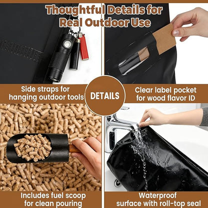 30LB Waterproof Wood Pellet Storage Bag, Heavy Duty 500D PVC Charcoal & Grill Pellet Bag with Dual Shoulder Straps & Carry Handles, Foldable BBQ Fuel Storage with Buckle Seal, Label Pocket & Scoop