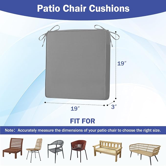 IASEAHK Patio Chair Cushions, 19" x 19" x 3" Outdoor Chair Cushions Set of 4, Waterproof Outdoor Cushions for Patio Furniture, Outdoors Seat Cushions with Handle and Ties, Light Grey