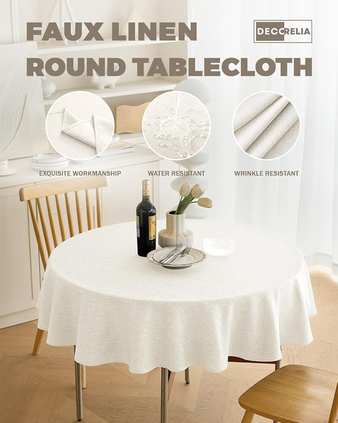 Decorelia Waterproof Faux Linen Tablecloth for Round Dining Table, Decorative Fabric Rustic Tablecloth Cover for Holiday, Banquet, Outdoor & Kitchen Table(60 Inch, Round (2-4 Seats), Ivory)