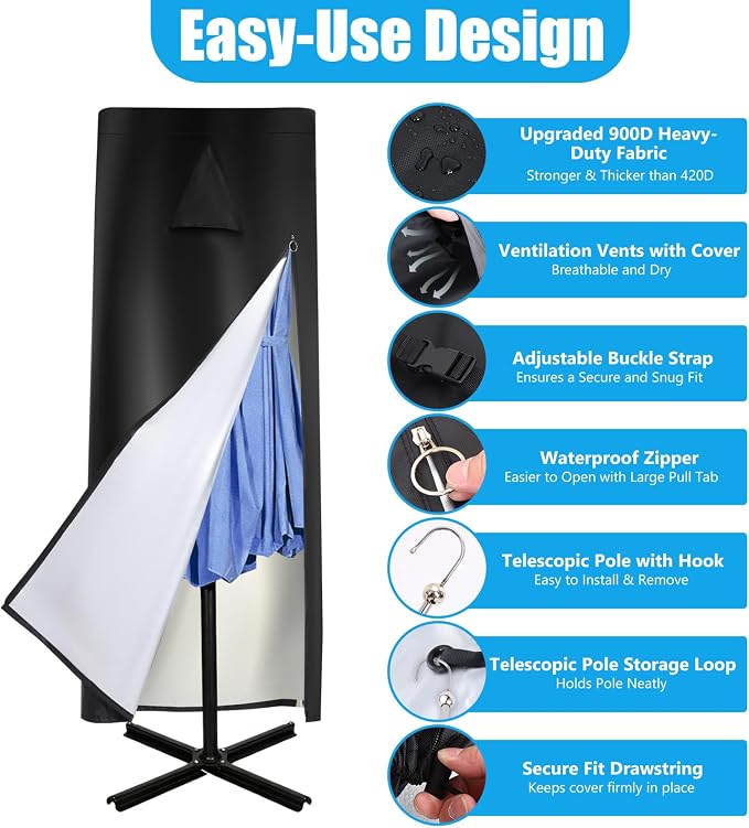 15 ft Patio Umbrella Cover Waterproof 900D, for Double-Sided Umbrellas | Umbrella Covers for Outdoor Umbrellas, 900D Oxford Fabric, Top Vent, Telescopic Pole, Zipper Closure,Hem Drawstring