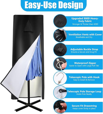 15 ft Patio Umbrella Cover Waterproof 900D, for Double-Sided Umbrellas | Umbrella Covers for Outdoor Umbrellas, 900D Oxford Fabric, Top Vent, Telescopic Pole, Zipper Closure,Hem Drawstring