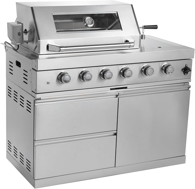 Modular Outdoor Kitchen BBQ Island, Outdoor Kitchen Propane Gas Island Grill with Sink, Compact Refrigerator, Storage Cabinets, Rotisserie Kit (Silver, 98")