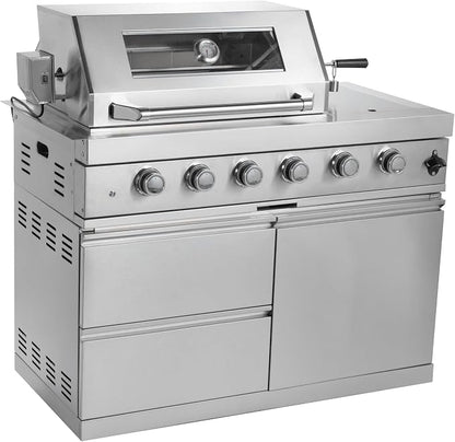 Modular Outdoor Kitchen BBQ Island, Outdoor Kitchen Propane Gas Island Grill with Sink, Compact Refrigerator, Storage Cabinets, Rotisserie Kit (Silver, 98")