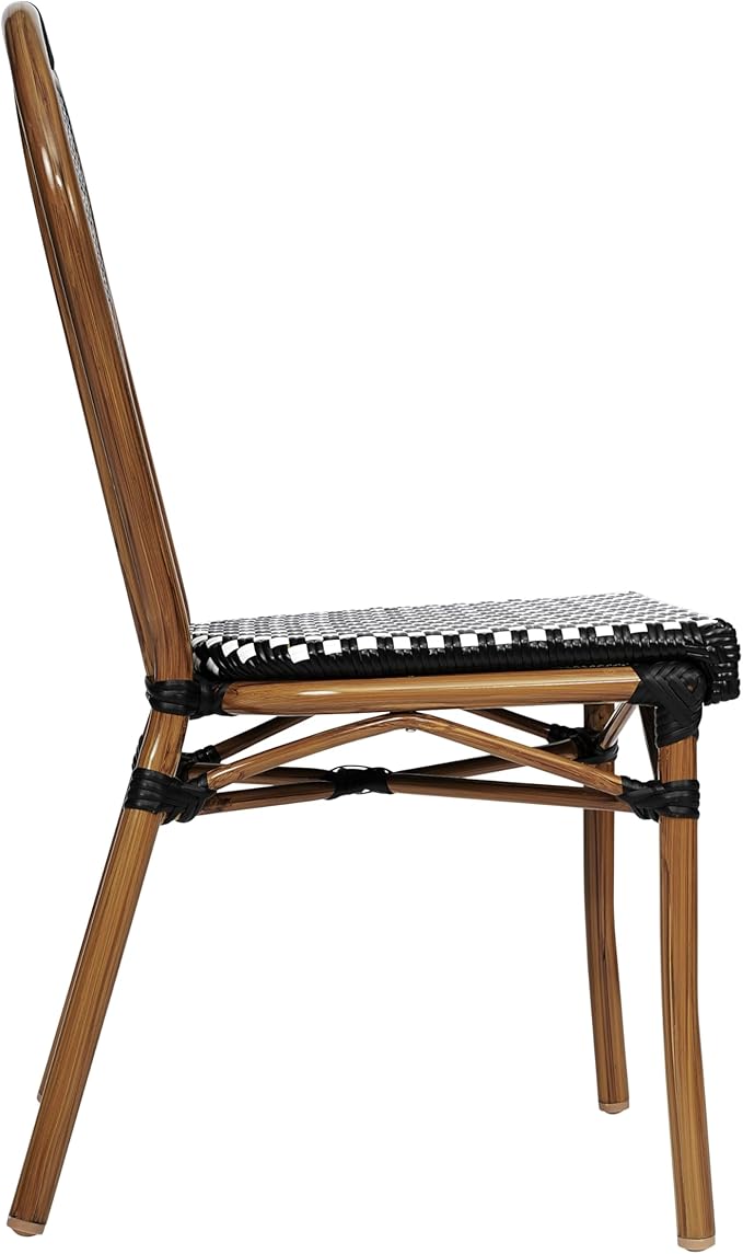 Flash Furniture Lourdes Indoor/Outdoor Commercial Thonet Bistro Stack Chair - Black/White PE Rattan Back and Seat - Natural Bamboo Print Metal Frame - 2 PK