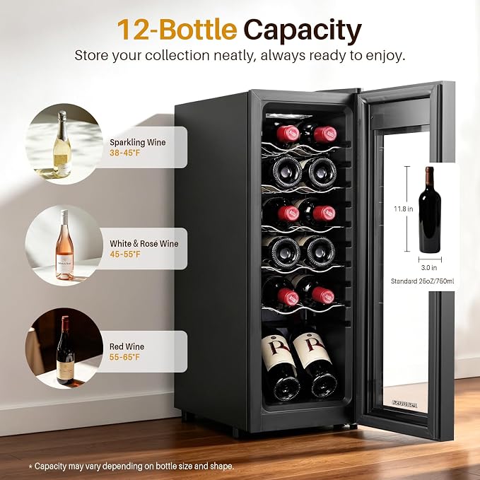 12 Bottle Wine Fridge, Slim Wine Cooler Refrigerator with Glass Door for Red, White, Champagne, Compressor Cooling, Freestanding Wine Refrigerator for Home Bar, Apartment, Office