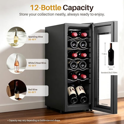 12 Bottle Wine Fridge, Slim Wine Cooler Refrigerator with Glass Door for Red, White, Champagne, Compressor Cooling, Freestanding Wine Refrigerator for Home Bar, Apartment, Office