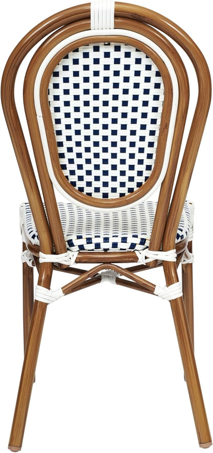 Flash Furniture Lourdes Indoor/Outdoor Commercial Thonet Bistro Stack Chair - White/Navy PE Rattan Back and Seat - Natural Bamboo Print Metal Frame - Set of 2