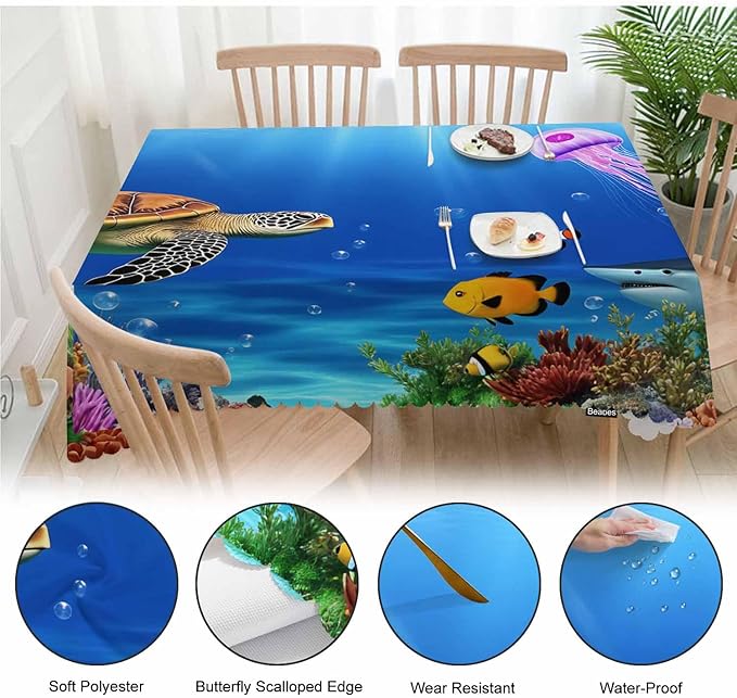 Sea Turtle Kitchen Tablecloth Ocean Underwater Jellyfish Shark Coral Reef Indoor Outdoor Table Cover Anti-Oil Table Cloths for Wedding Banquet Dinner Tablecloths, 52x70 Inch(4-6 Seats)