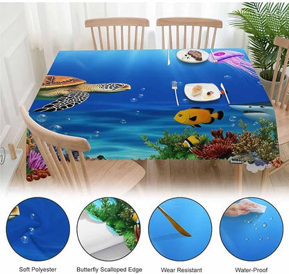 Sea Turtle Kitchen Tablecloth Ocean Underwater Jellyfish Shark Coral Reef Indoor Outdoor Table Cover Anti-Oil Table Cloths for Wedding Banquet Dinner Tablecloths, 52x70 Inch(4-6 Seats)