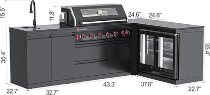 SERA C 6-Burner Natural Gas L-Shape Modular Outdoor Kitchen Black | Black 304 stainless steel, 87900BTU, 115L double fridge, dual sink, 90° corner, soft-close, locking casters, entertaining