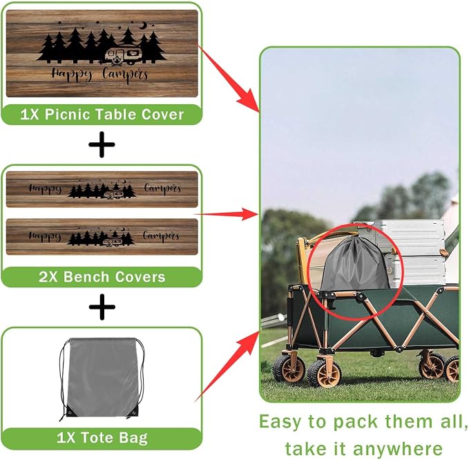 JAWO Picnic Table Cover with Bench Covers, Rustic Wooden Camper Fitted Table Cover, Outdoor Patio Camping Essentials, Waterproof Camping Fitted Tablecloth with Drawstring Bag, 30X72inches