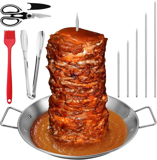 Al Pastor Skewer for Grill,Extra Large 13Inch Brazilian Spit Stand Fat Separator Tray with Removable Spikes Brush Clip Scissor,Stainless Steel Vertical Sticks for Shawarma,Chicken on Smoker Oven