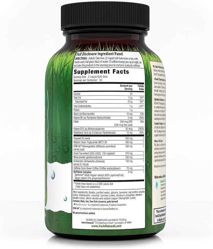 Irwin Naturals VO₂ Max Performance Fat Burner – Thermogenic Fat Burner with KSM-66 Ashwagandha, Green Tea & Maca – Metabolism Booster, Energy & Stamina Support – 60 Liquid Soft-Gels