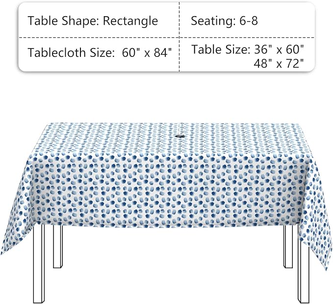 LVTXIII Rectangle Outdoor Tablecloth with Umbrella Hole and Zipper, Water-Repellent 60 x 84 Inch Patio Table Cover for Picnic, Garden, Backyard Dining, Brush Blue