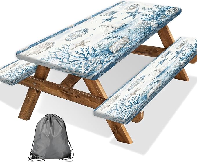 Picnic Table Cover with Bench Covers and Bag, Tropical Beach Starfish Rv Essentials, Waterproof Windproof Fabric, Fitted Tablecloth Cover with Elastic Edge, 3 PCS, 30x96 Inch