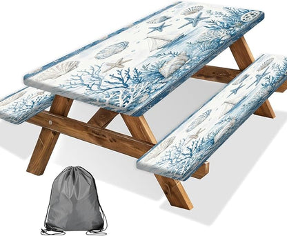 JAWO Picnic Table Cover with Bench Covers and Bag, Tropical Beach Starfish Rv Essentials, Waterproof Windproof Fabric, Fitted Tablecloth Cover with Elastic Edge, 3 PCS, 30x60 Inch