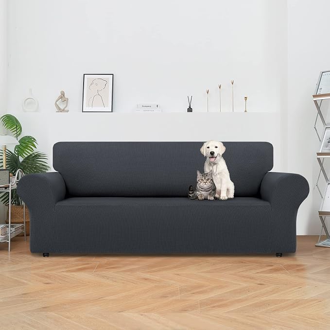 LURKA Stretch Couch Cover for Sofa, 1 Piece 3 Cushion Slipcover, Dark Grey | Soft Stretch Jacquard, Fits 78"-94" Sofas, Elastic Bottom for Secure Fit, Machine Washable, Pet & Kid Friendly
