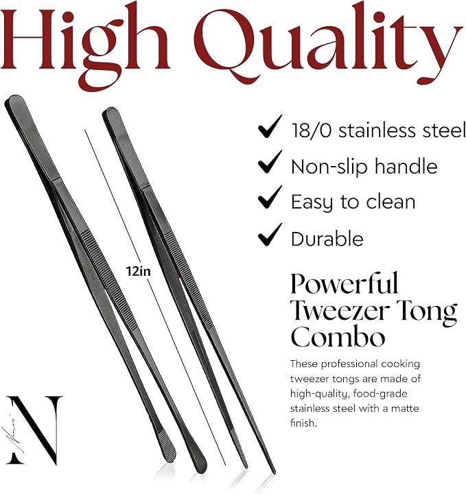 Namre Tweezer Tongs– 2 Pcs 12- Inch Stainless Steel 18/10 Thin Chopstick Precise & Strong Chef Tweezers for Food & Small Objects, Cooking Tongs for BBQ and Grills - 12 Inch - (Black)