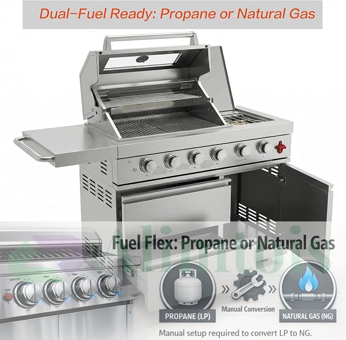 46" Outdoor BBQ Island Grill, 75,300 BTU 4 Burners + Side Burner, Infrared Rear Burner, LP/NG Convertible, Granite Top, Rotisserie, BBQ Tools, Cover Stainless Steel Outdoor Kitchen Island
