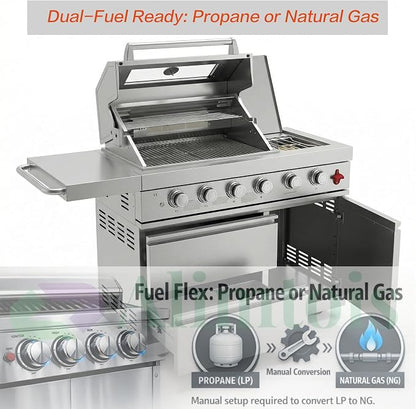 46" Outdoor BBQ Island Grill, 75,300 BTU 4 Burners + Side Burner, Infrared Rear Burner, LP/NG Convertible, Granite Top, Rotisserie, BBQ Tools, Cover Stainless Steel Outdoor Kitchen Island