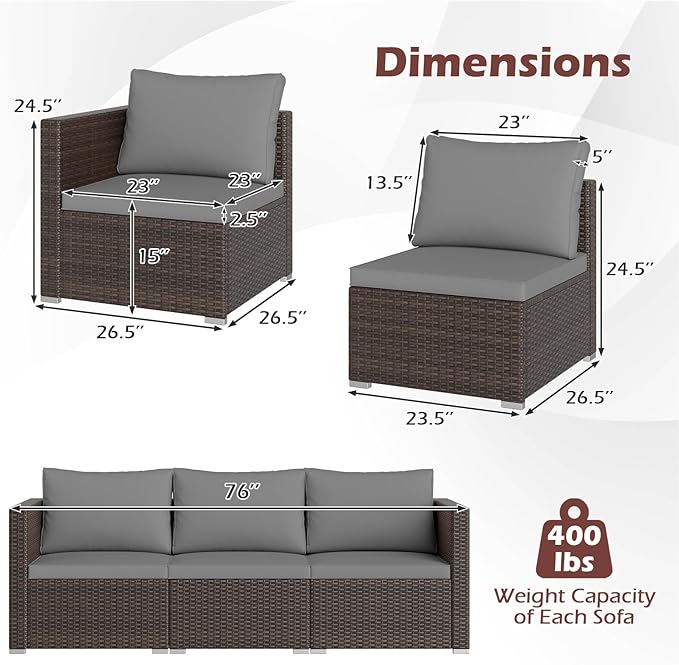 Tangkula 3 Seat Outdoor Wicker Sofa Set, Modular PE Rattan Patio Cushioned Sectional Couch Set, Outside Furniture Set for Deck, Backyard, Porch, Garden & Poolside (Brown-Grey)