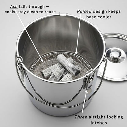 The Bincho Grill Charcoal Saver – Extinguishing Bucket (Keshizumi) for Hot Charcoal and Ash Collection, Heavy Duty Stainless Steel with Lockable Lid, 3 Gallon Capacity