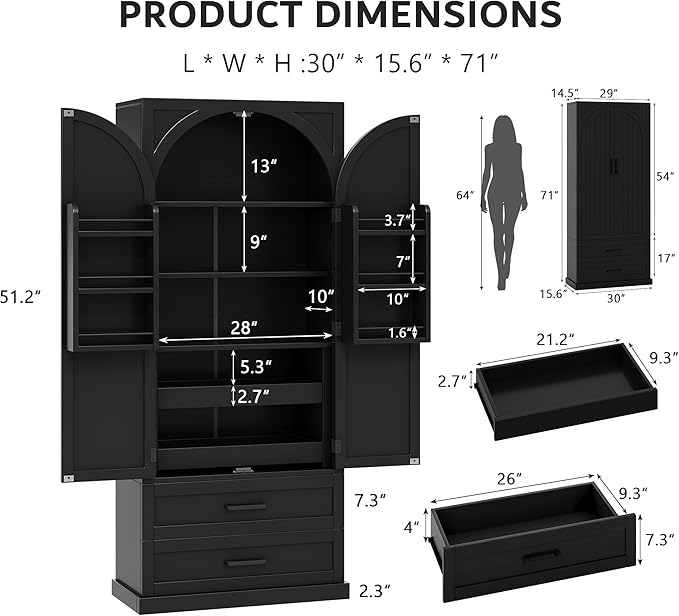 iPormis 71" Tall Kitchen Pantry Storage Cabinet w/Adjustable Shelf, Large Drawers & Door Shelves, Freestanding Kitchen Cupboard for Dining Room/Living Room, Black