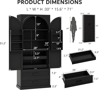 iPormis 71" Tall Kitchen Pantry Storage Cabinet w/Adjustable Shelf, Large Drawers & Door Shelves, Freestanding Kitchen Cupboard for Dining Room/Living Room, Black