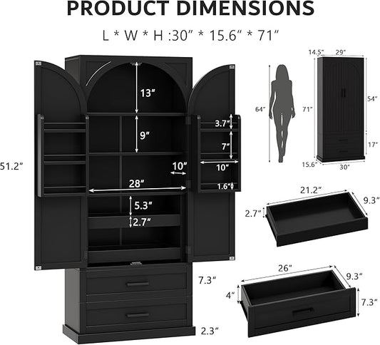 iPormis 71" Tall Kitchen Pantry Storage Cabinet w/Adjustable Shelf, Large Drawers & Door Shelves, Freestanding Kitchen Cupboard for Dining Room/Living Room, Black