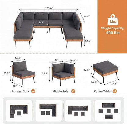 Aoxun 8-Piece Patio Furniture Set, Wicker Outdoor Furniture with Water Resistant Thick Cushions, Patio Conversation Set Outdoor Sectional Sofa with Coffee Table for Backyard Poolside, Black