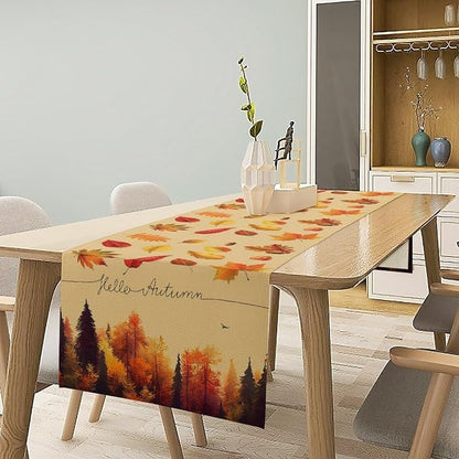 Maple Leaves Fall Forest Table Runner Seasonal Autumn Tree Kitchen Dining Table Decoration for Home Kitchen Table Decor Dining Coffee Room Party Decor 13x108in