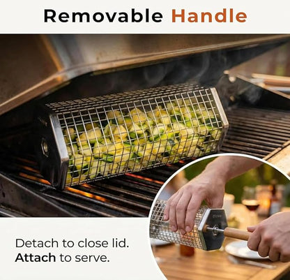 2 Pack Rolling Grill Basket – Stainless Steel Grilling Basket with Lid and Removable Wooden Handle – BBQ Accessories for Vegetables, Shrimp, Meat – Outdoor Cooking Gift for Dad or Husband – Otawe