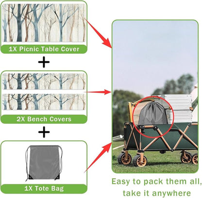 JAWO Picnic Table Cover with Bench Covers, Forest Camping RV Essentials Gear Supplies Outdoor Waterproof Windproof Tablecloth with Elastic, 72in