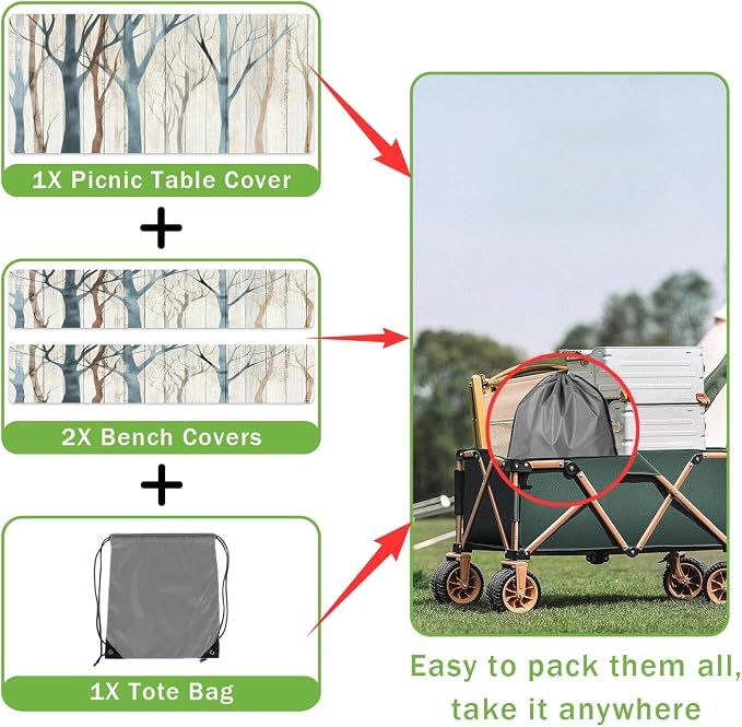 JAWO Picnic Table Cover with Bench Covers, Forest Camping RV Essentials Gear Supplies Outdoor Waterproof Windproof Tablecloth with Elastic, 96in