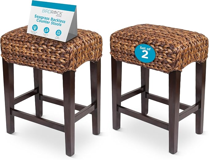 BIRDROCK HOME Seagrass Backless Counter Height Barstool Set of 2, 24.5" H | Backless Counter Stools for Kitchen, Bar, Dining Room, Fully Assembled Mahogany Wooden Barstools with Seagrass Seat